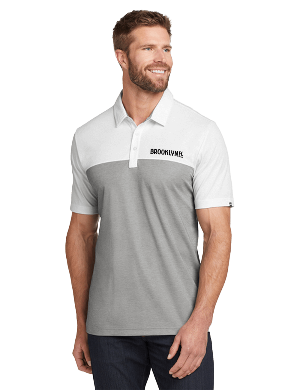 Front view of the Brooklyn FC Travis Mathew Polo in White & Quiet Shade Grey Heather, featuring a two-tone design and left chest logo.