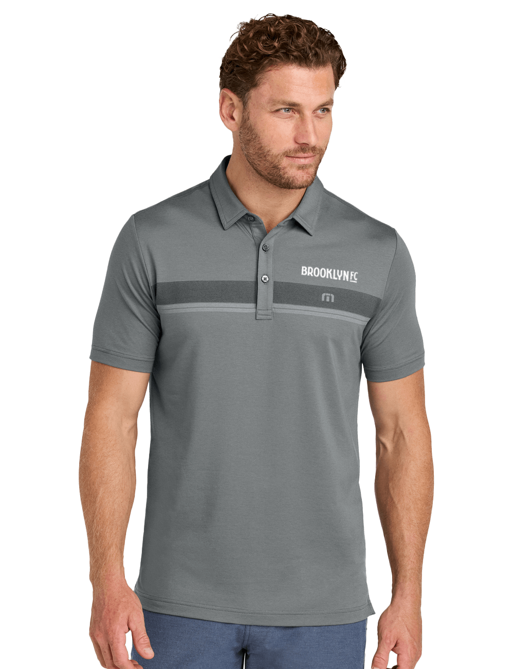 Front view of the Brooklyn FC Travis Mathew Polo in Quiet Shade Grey Heather, featuring a two-tone design and left chest logo.
