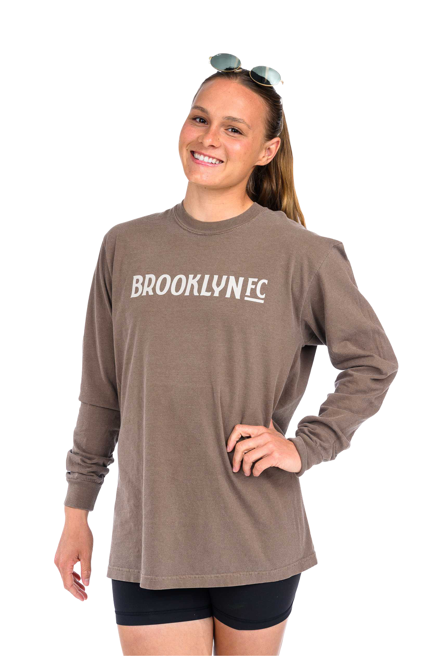 Brown long sleeve t-shirt with BROOKLYN FC logo in beige across the chest, unisex fit, and ribbed cuffs.