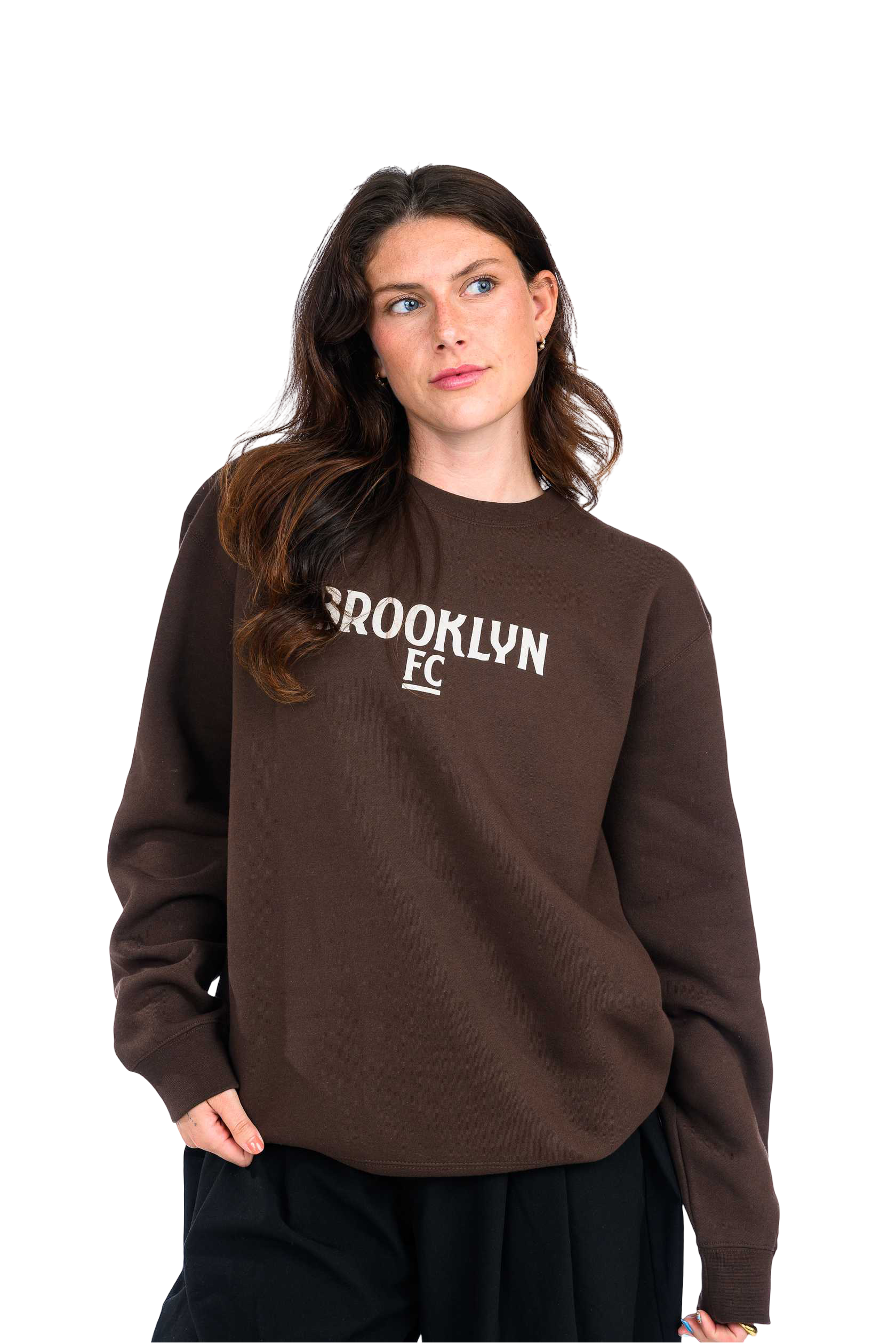 Brooklyn FC Logo Crewneck Sweatshirt in brown – Soft cotton-blend sweatshirt with ribbed cuffs, classic fit, and bold embroidered Brooklyn FC logo. Perfect for everyday wear.