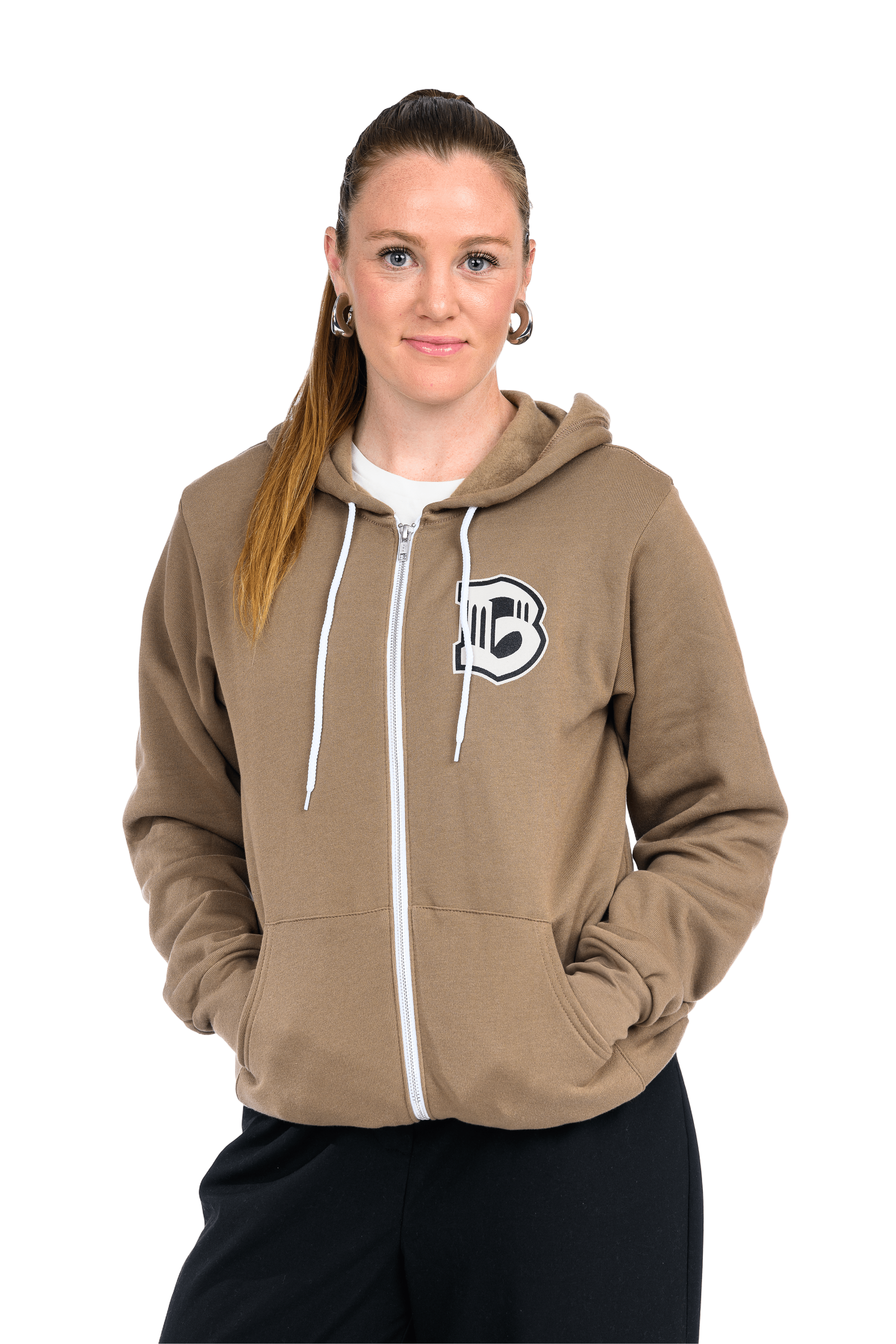 Brooklyn FC Crest Zip-Up Sweatshirt in brown with embroidered Brooklyn FC crest logo on the left chest, featuring a full-zip front, white drawstrings, and front pouch pockets — unisex fleece hoodie for casual streetwear or game day style.