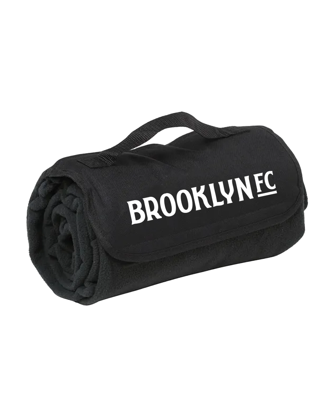 Rolled black Brooklyn FC stadium blanket with carry handle and printed logo.