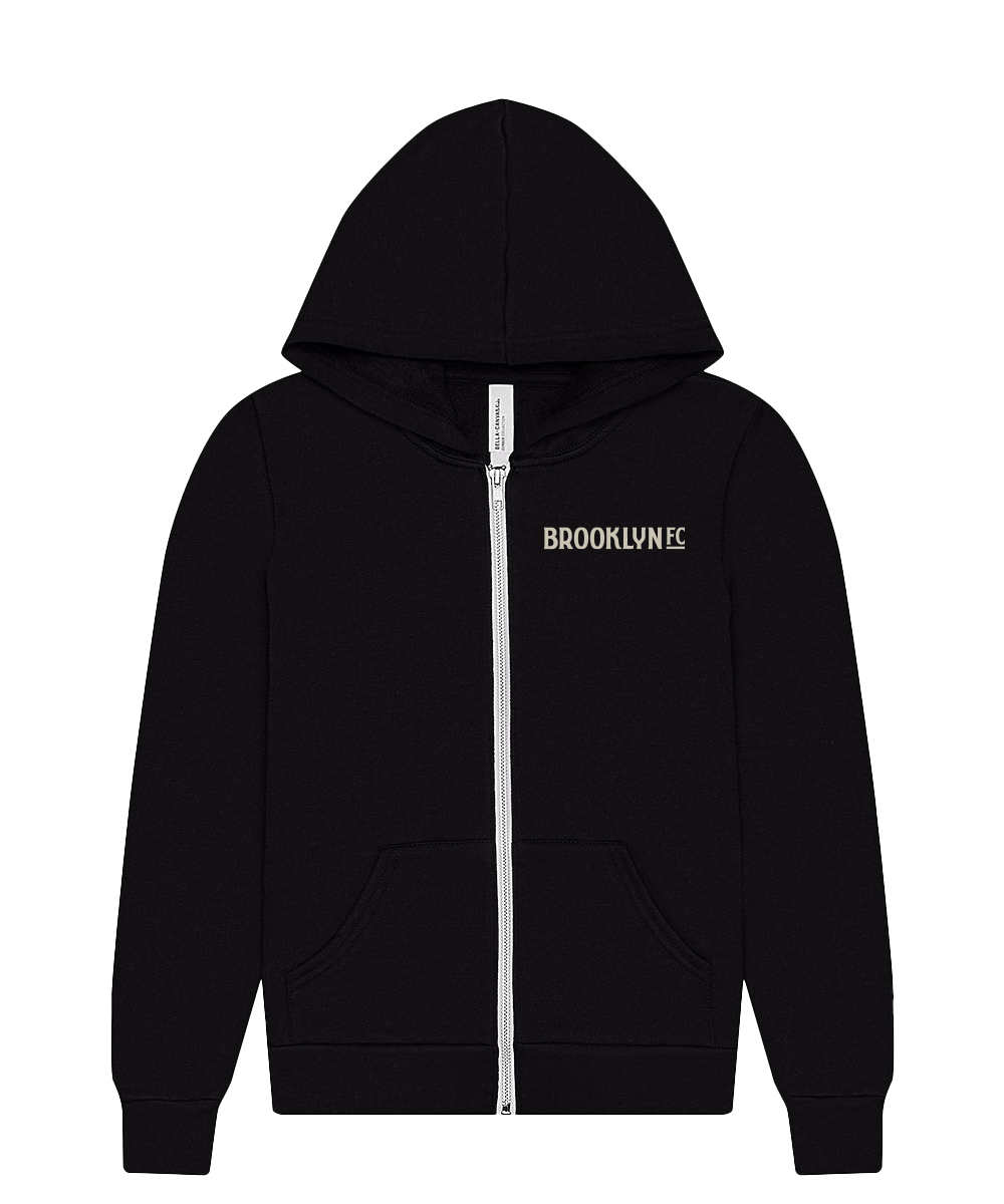 Brooklyn FC Logo Youth Zip-Up Sweatshirt in soft fabric, featuring the iconic Brooklyn FC logo and full zip design for comfort and style.