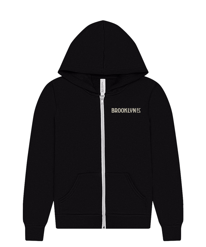 Brooklyn FC Logo Youth Zip-Up Sweatshirt in soft fabric, featuring the iconic Brooklyn FC logo and full zip design for comfort and style.
