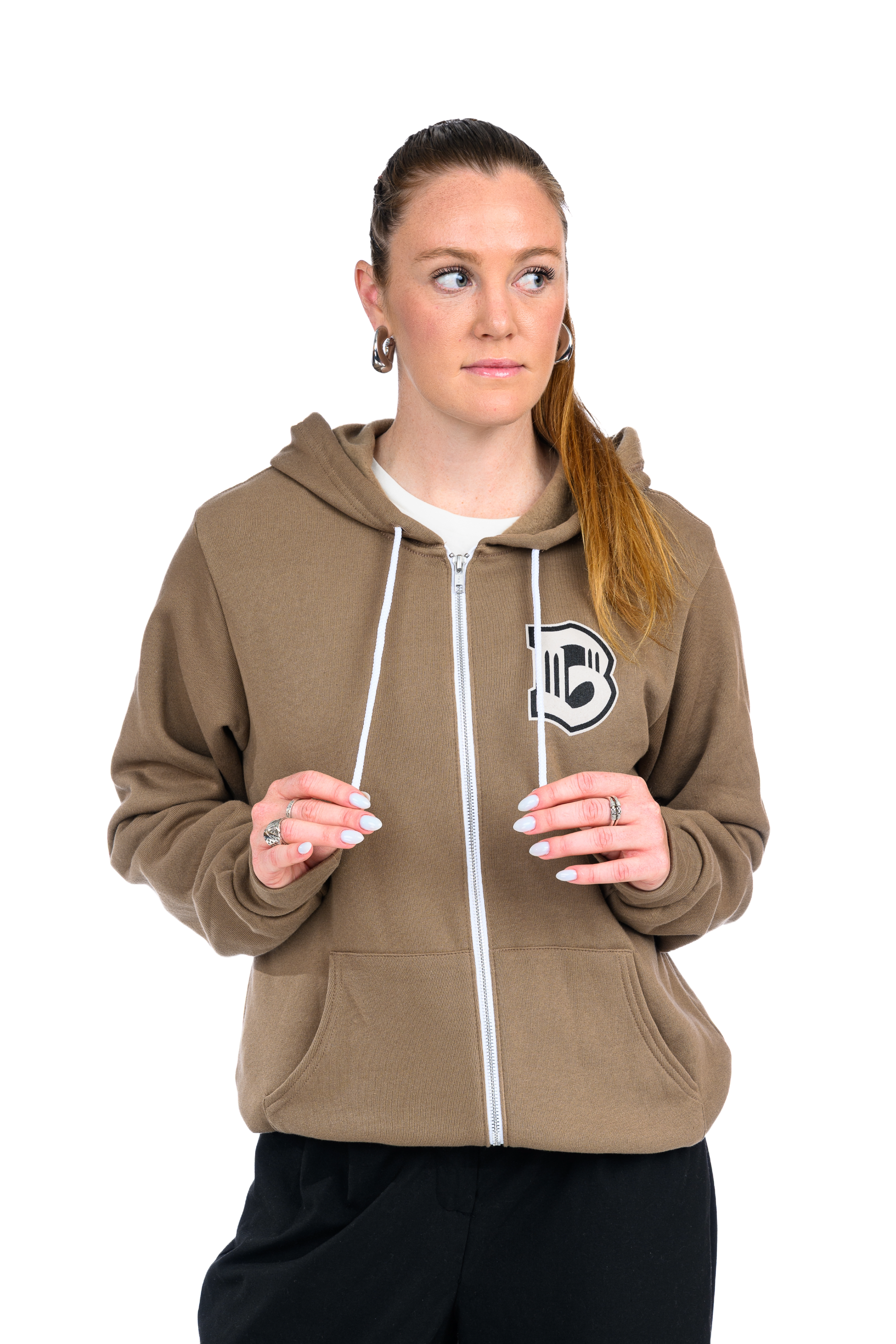 Brooklyn FC Crest Zip-Up Sweatshirt in brown with embroidered Brooklyn FC crest logo on the left chest, featuring a full-zip front, white drawstrings, and front pouch pockets — unisex fleece hoodie for casual streetwear or game day style.