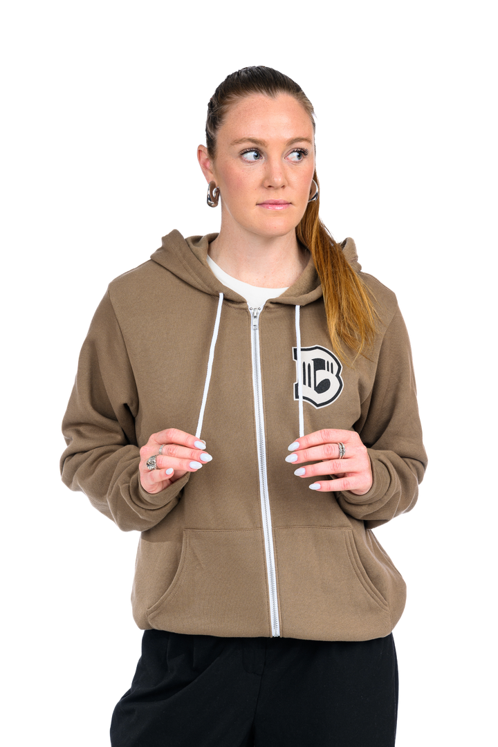 Brooklyn FC Crest Zip-Up Sweatshirt in brown with embroidered Brooklyn FC crest logo on the left chest, featuring a full-zip front, white drawstrings, and front pouch pockets — unisex fleece hoodie for casual streetwear or game day style.