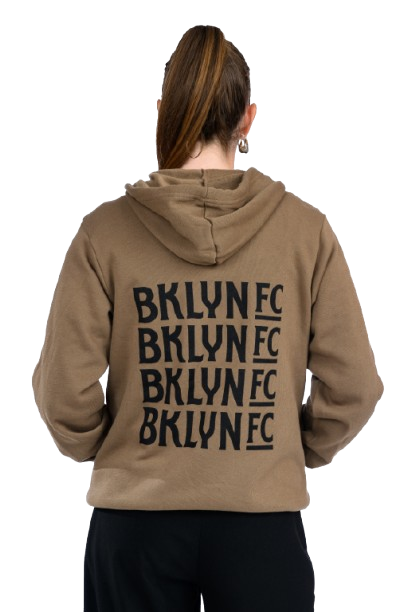 Brooklyn FC Crest Zip-Up Sweatshirt in brown with embroidered Brooklyn FC crest logo on the left chest, featuring a full-zip front, white drawstrings, and front pouch pockets — unisex fleece hoodie for casual streetwear or game day style.