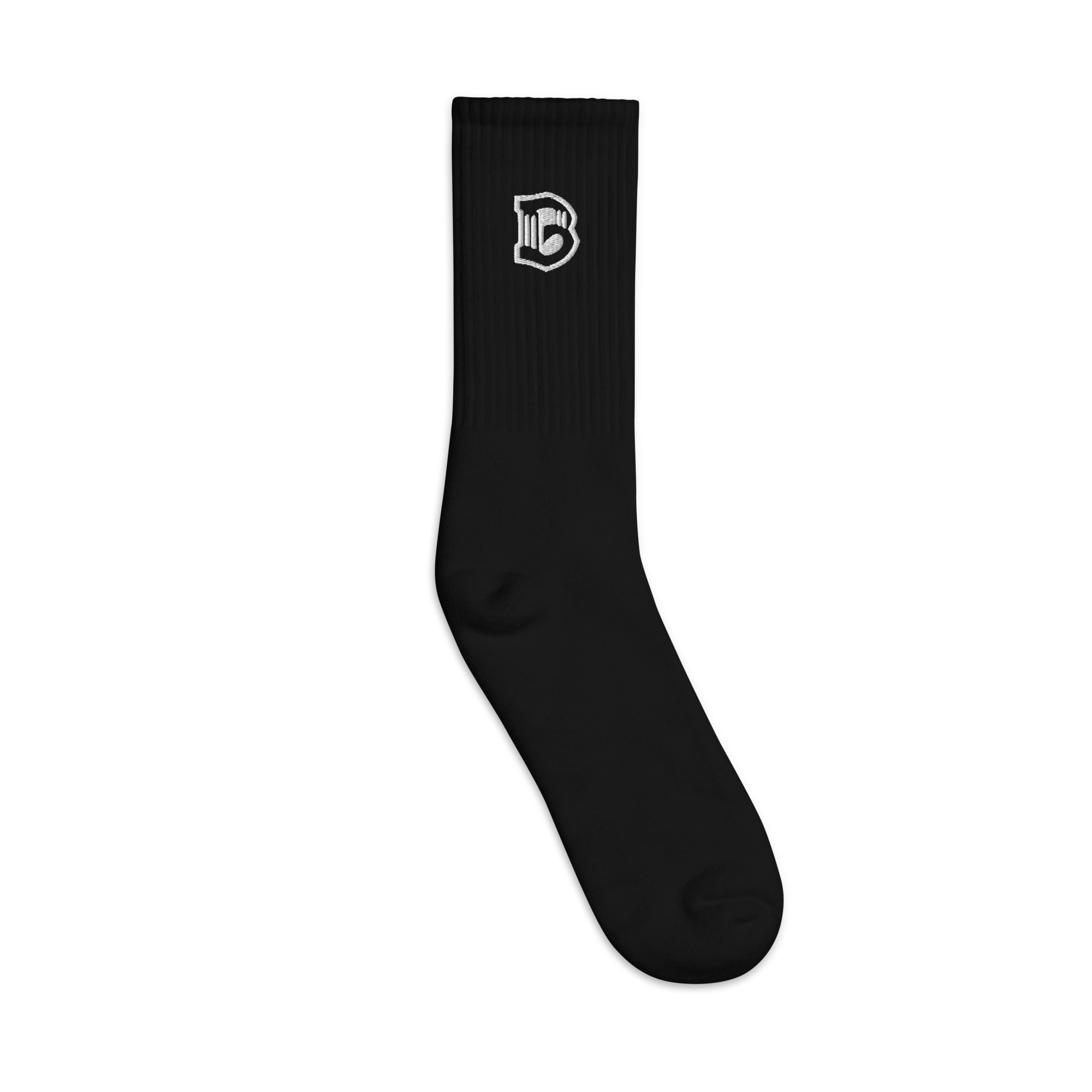 Pair of Brooklyn FC mid-calf socks in cotton-polyester-spandex blend with cushioned sole, embroidered crest, and logo-watermark soles.