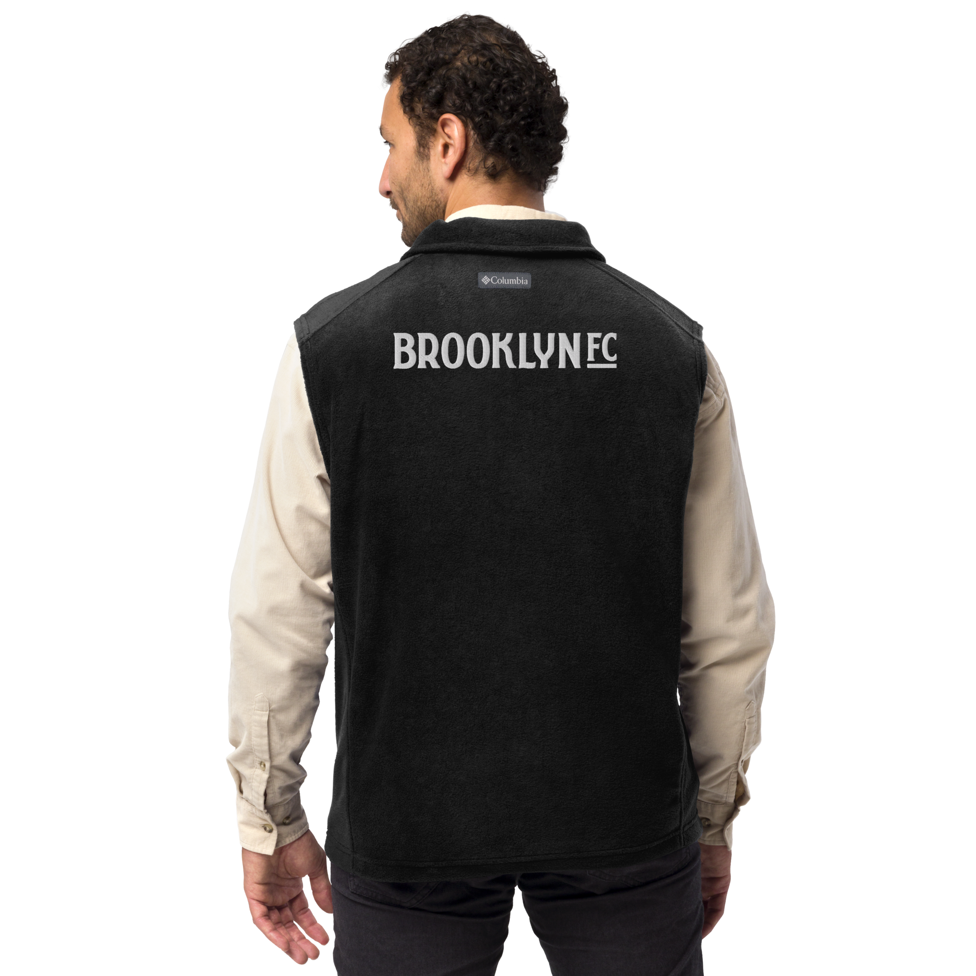 Brooklyn FC Men’s Columbia fleece vest in 100% polyester MTR fleece with zippered pockets, classic fit, Columbia logo, and Brooklyn FC crest.