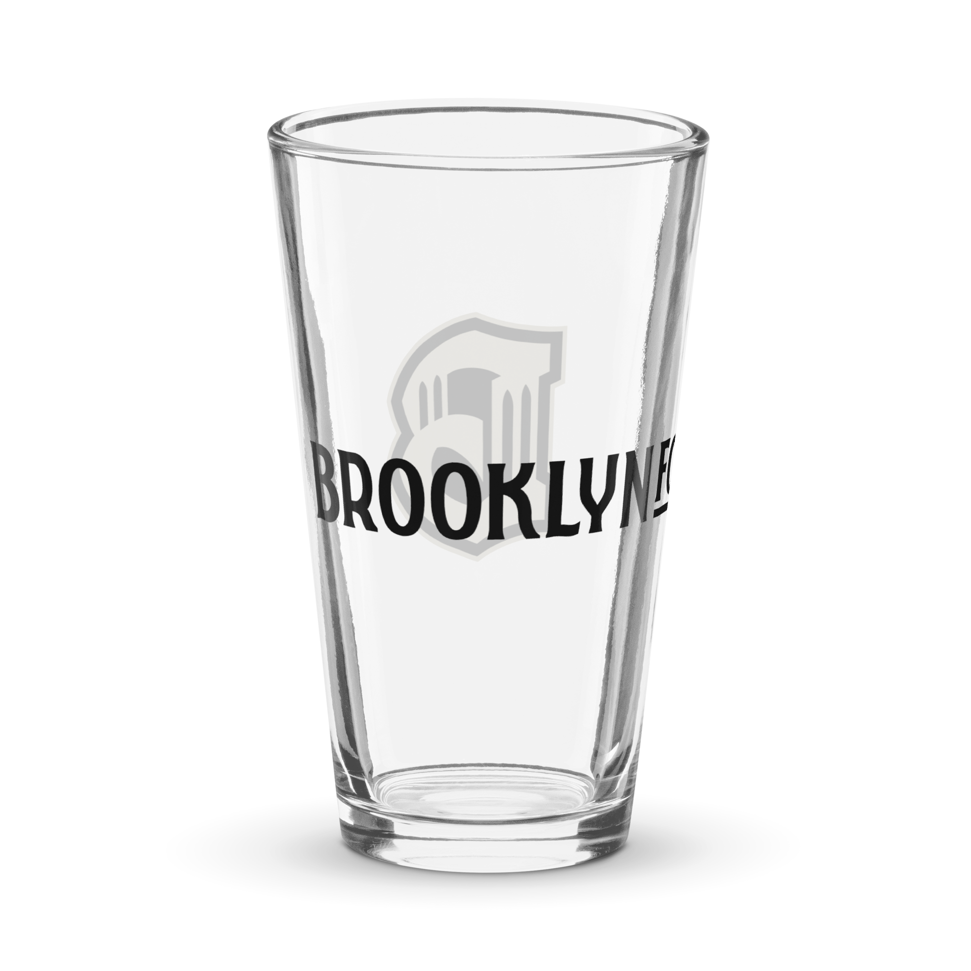 Brooklyn FC 16 oz pint glass with bold BFC crest on clear shaker-style glass.