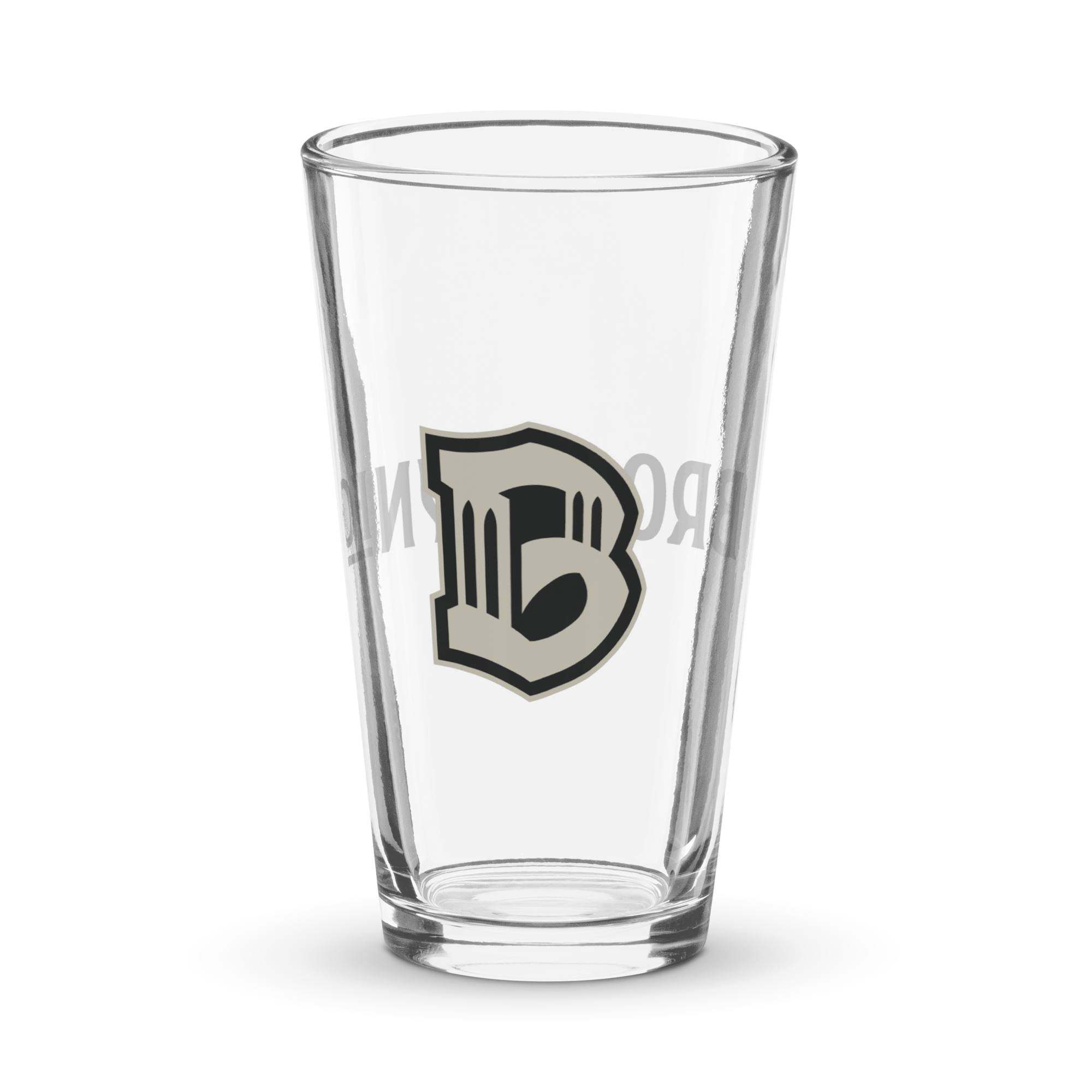 Brooklyn FC 16 oz pint glass with bold BFC crest on clear shaker-style glass.