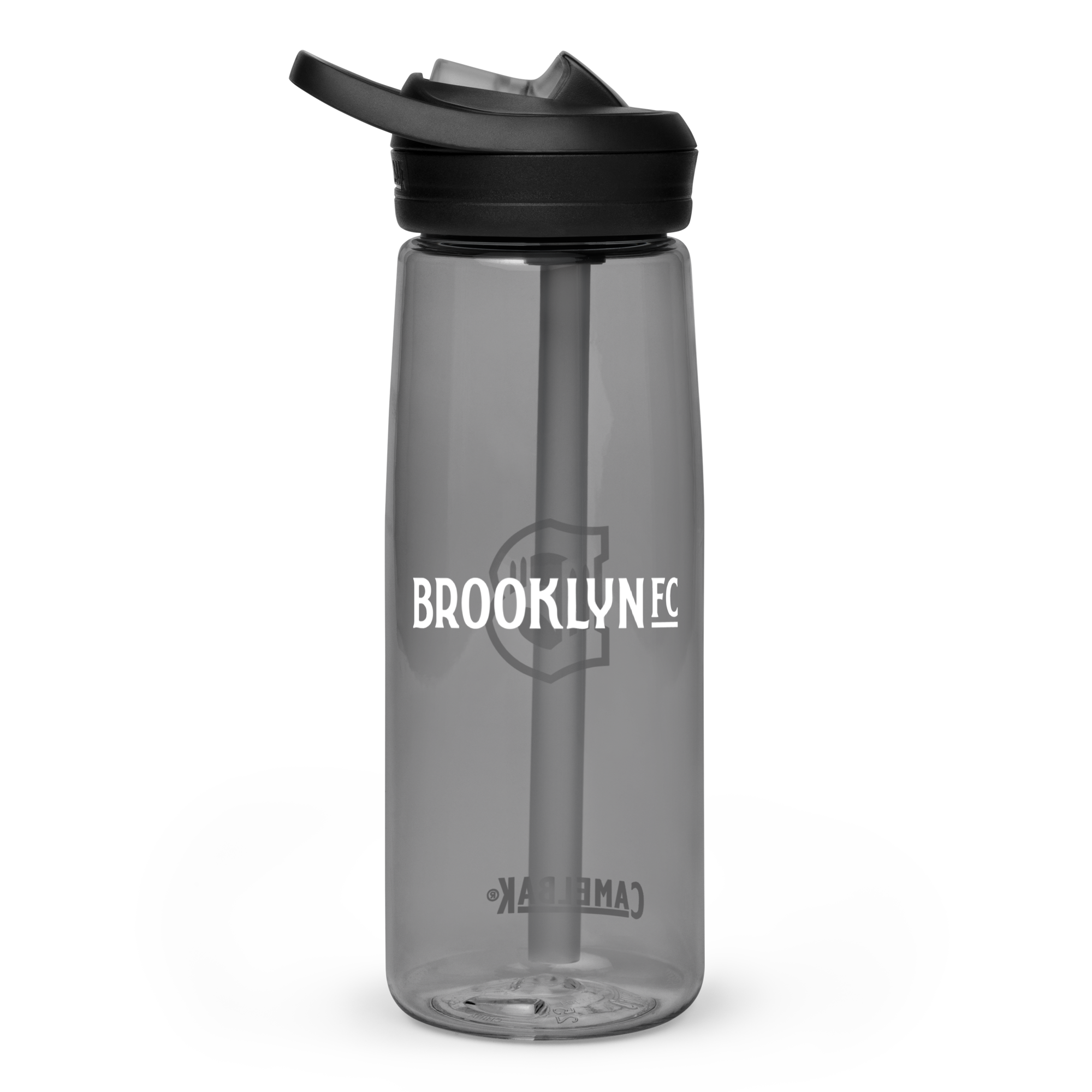 Brooklyn FC CamelBak sports water bottle in black with bold white crest and spill-proof lid.