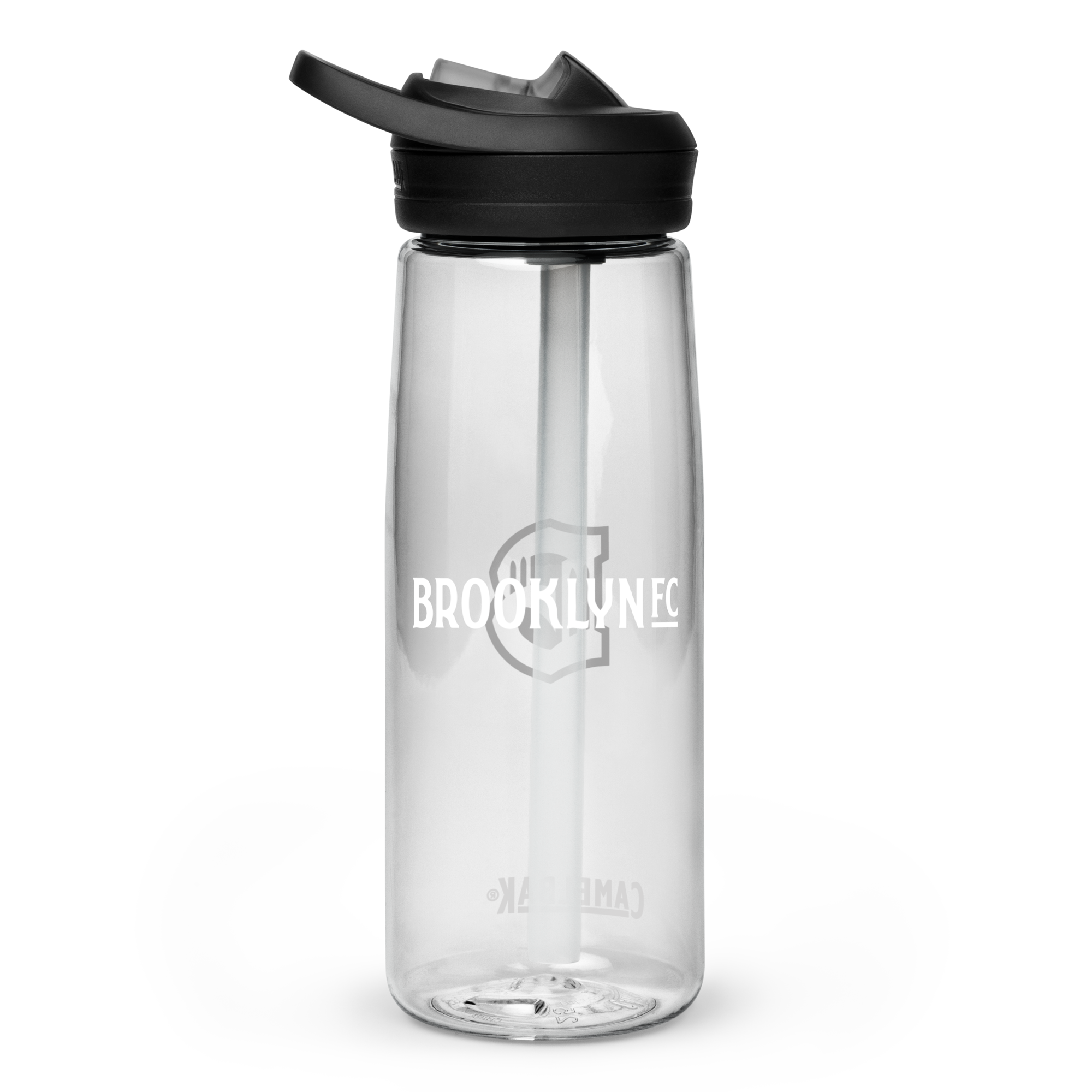 Brooklyn FC CamelBak sports water bottle in clear with bold white crest and spill-proof lid.