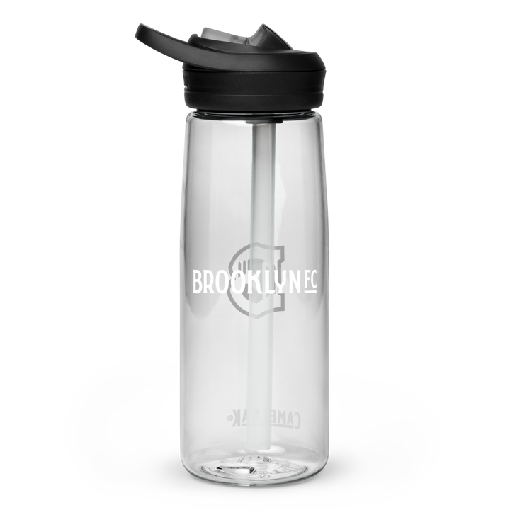 Brooklyn FC CamelBak sports water bottle in clear with bold white crest and spill-proof lid.