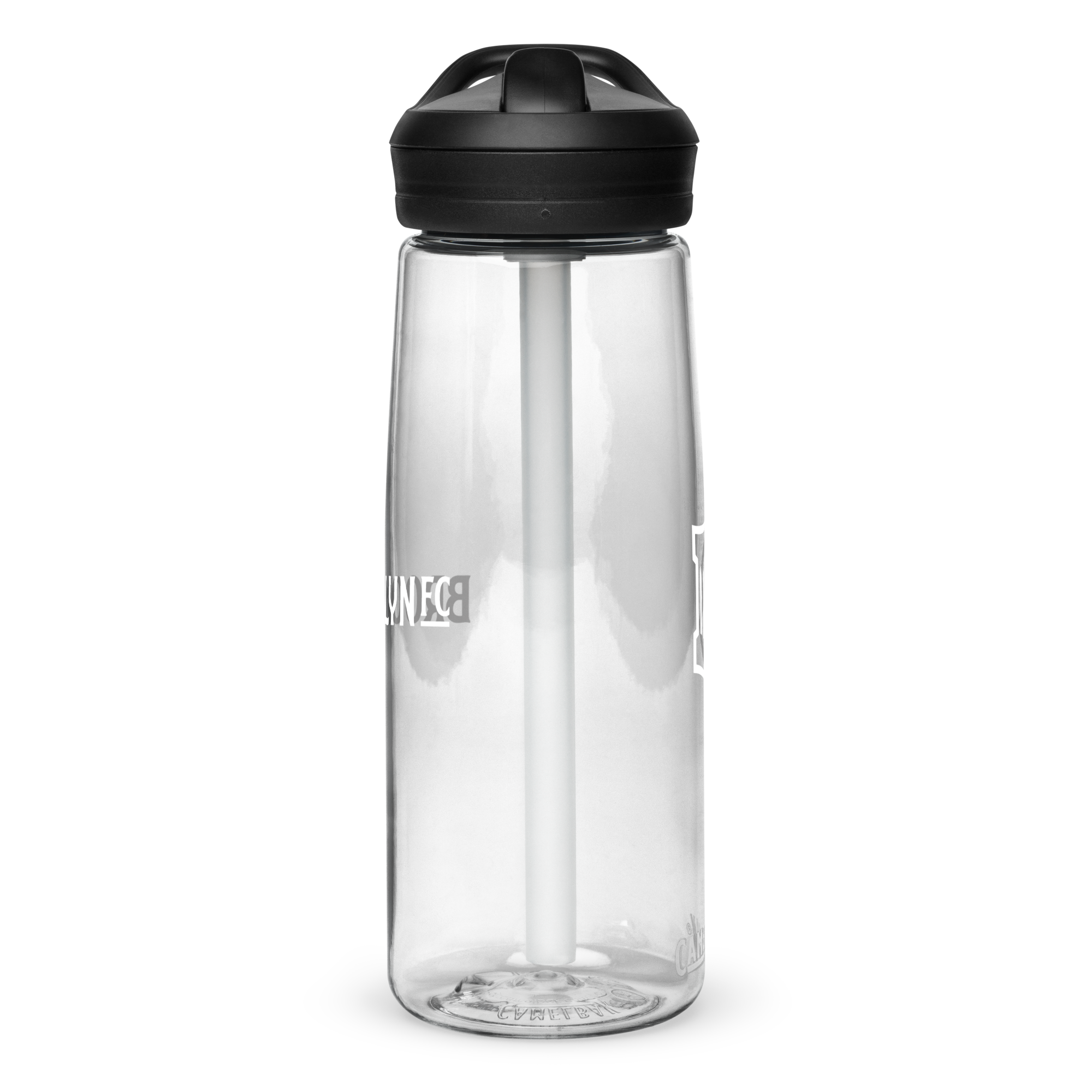 Brooklyn FC CamelBak sports water bottle in clear with bold white crest and spill-proof lid.