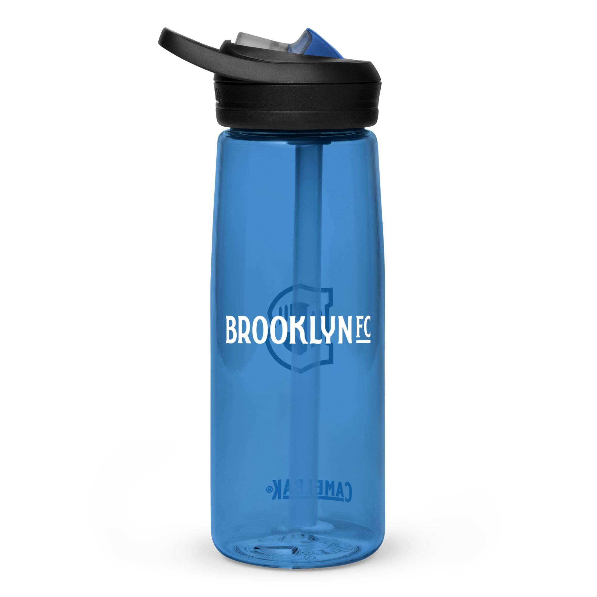 Brooklyn FC CamelBak sports water bottle in clear with bold blue crest and spill-proof lid.