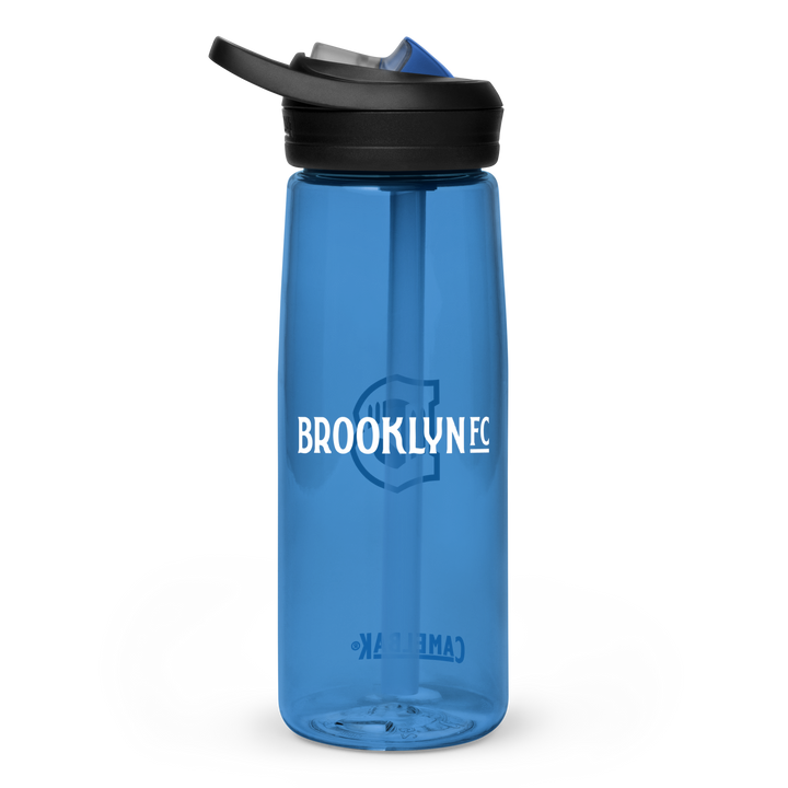 Brooklyn FC CamelBak sports water bottle in clear with bold blue crest and spill-proof lid.
