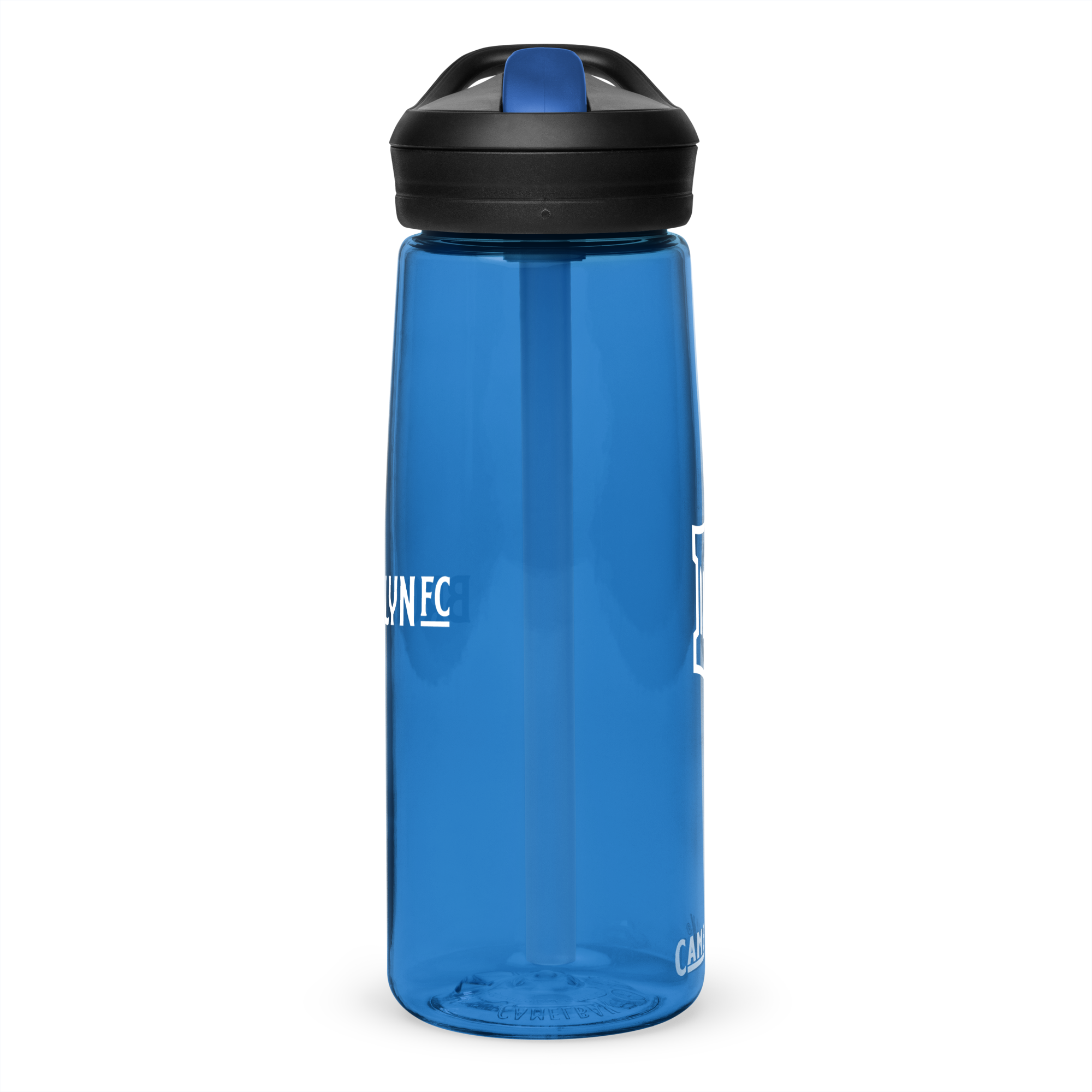 Brooklyn FC CamelBak sports water bottle in clear with bold blue crest and spill-proof lid.
