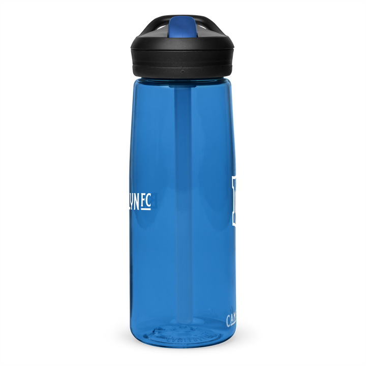 Brooklyn FC CamelBak sports water bottle in clear with bold blue crest and spill-proof lid.
